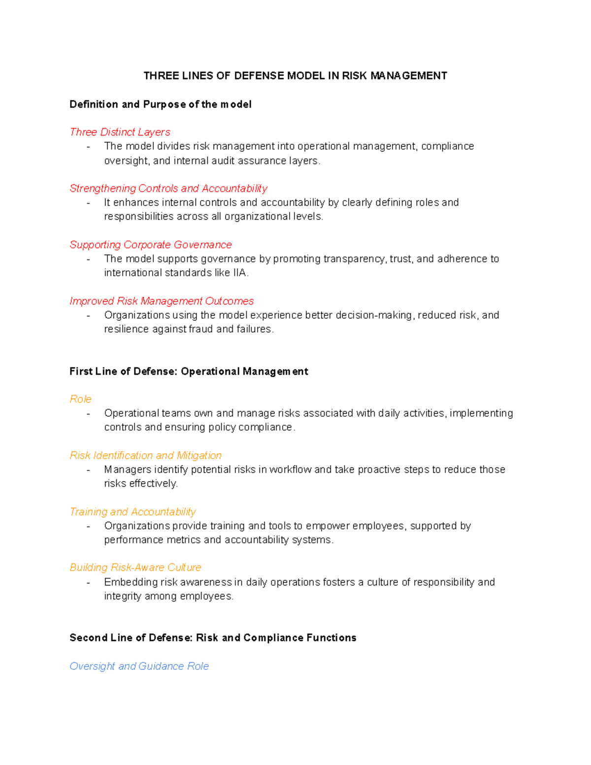 Three Lines of Defense Model in Risk Management Overview - Studocu