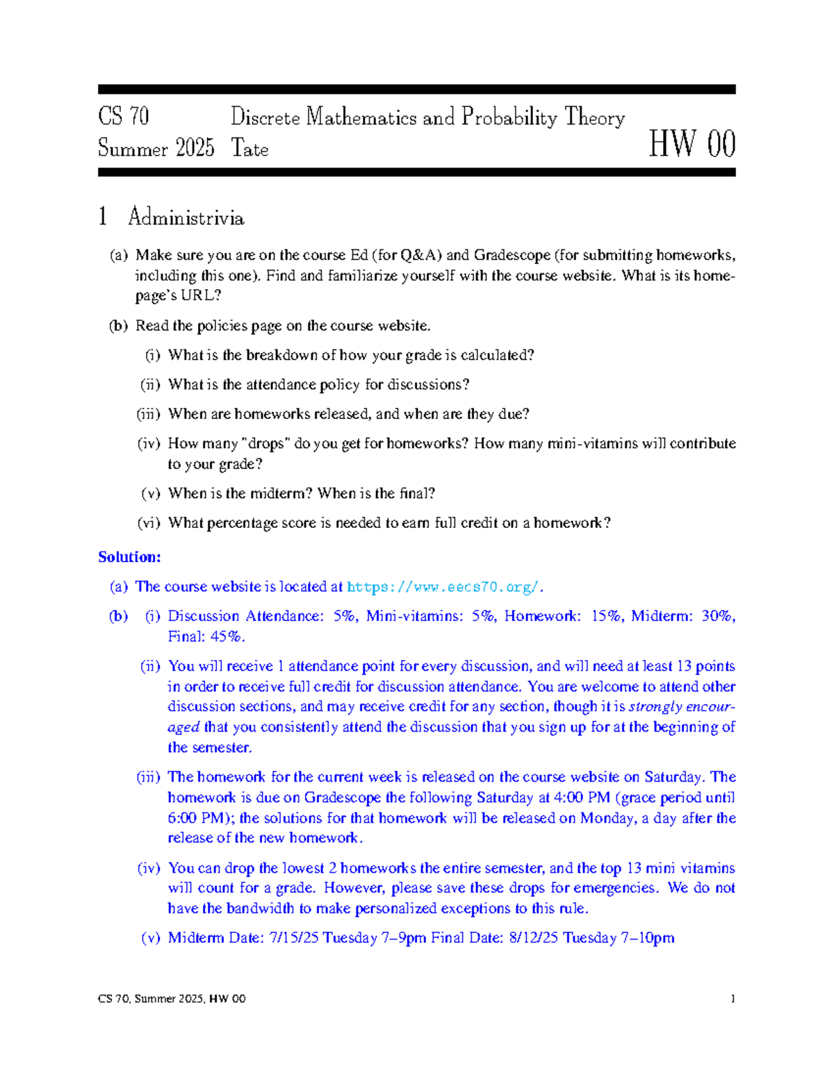 CS 70 Summer 2025 Homework 00 Solutions and Course Policies - Studocu