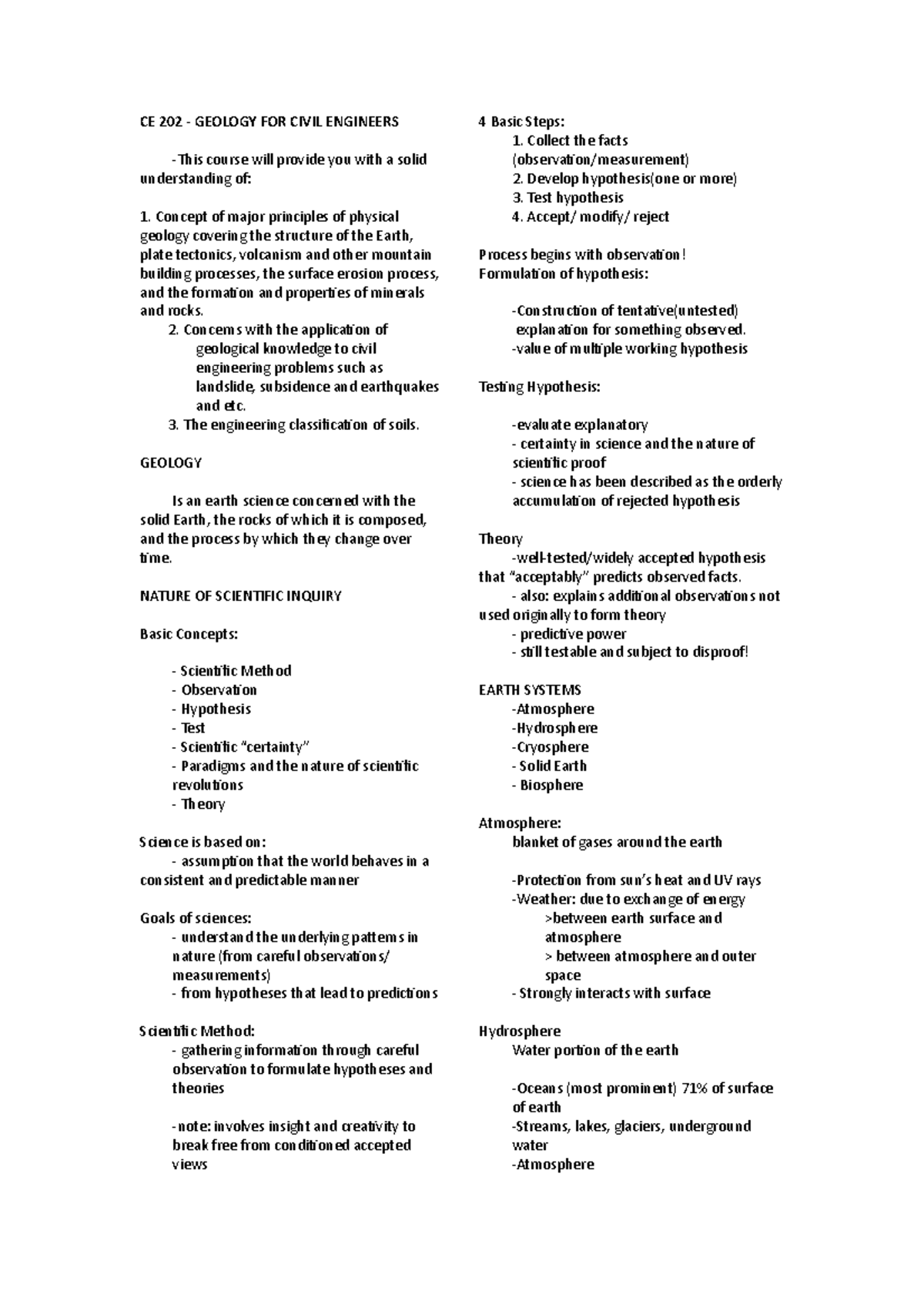 CE-202 - Geology for Civil Engineers: Key Topics and Principles - Studocu