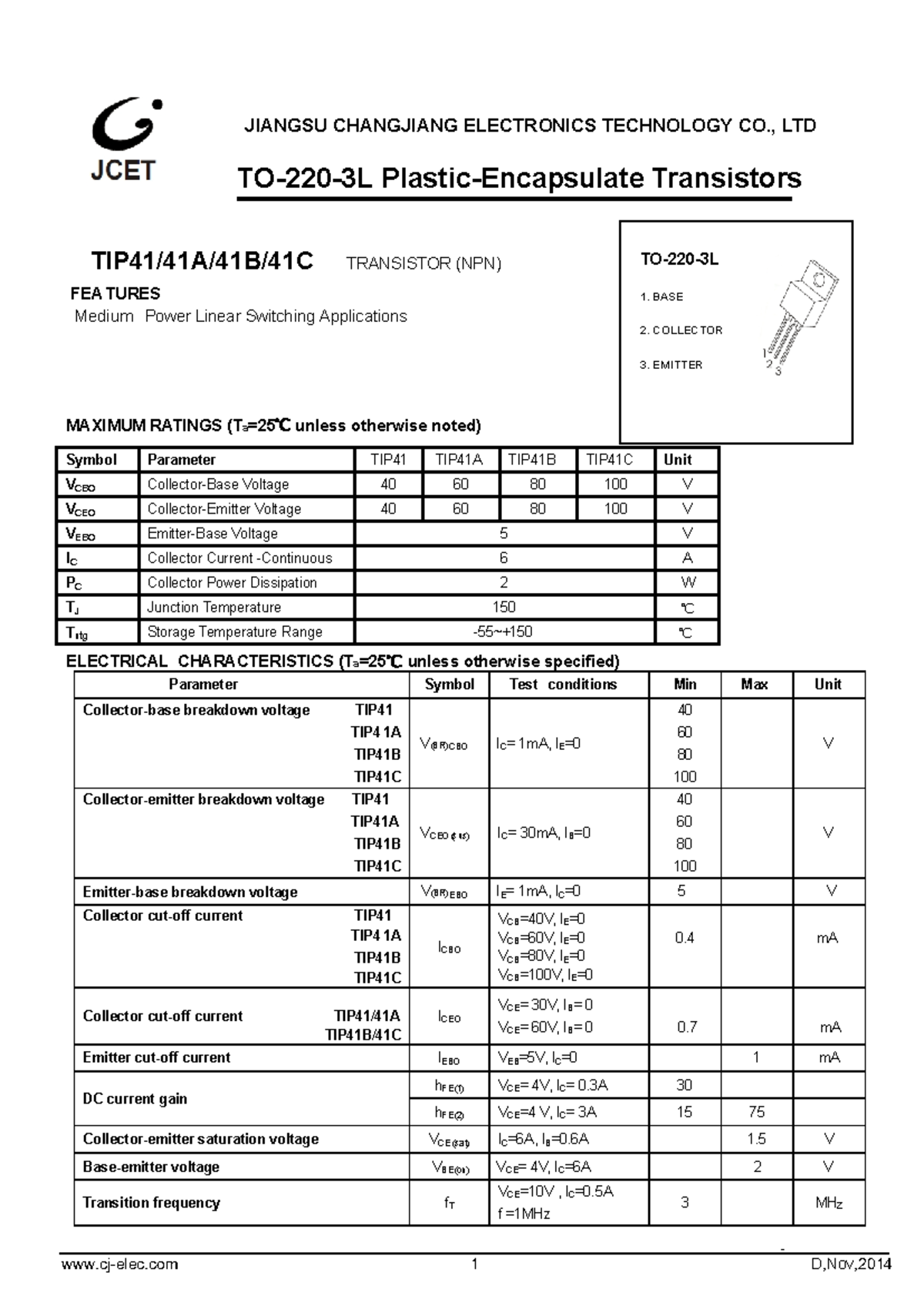TIP41 Transistor Specifications and Characteristics (NPN) - Studocu