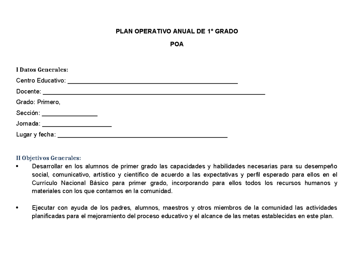 PLAN OPERATIVO ANUAL DE GRADO PRIMERO - POA I 2015 - Studocu