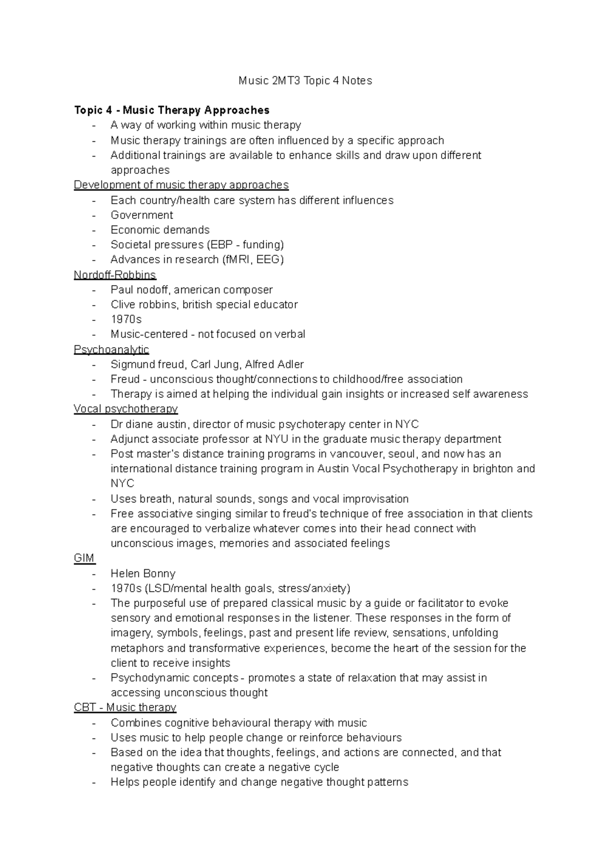 Music 2MT3 Topic 4: Approaches in Music Therapy Notes - Studocu
