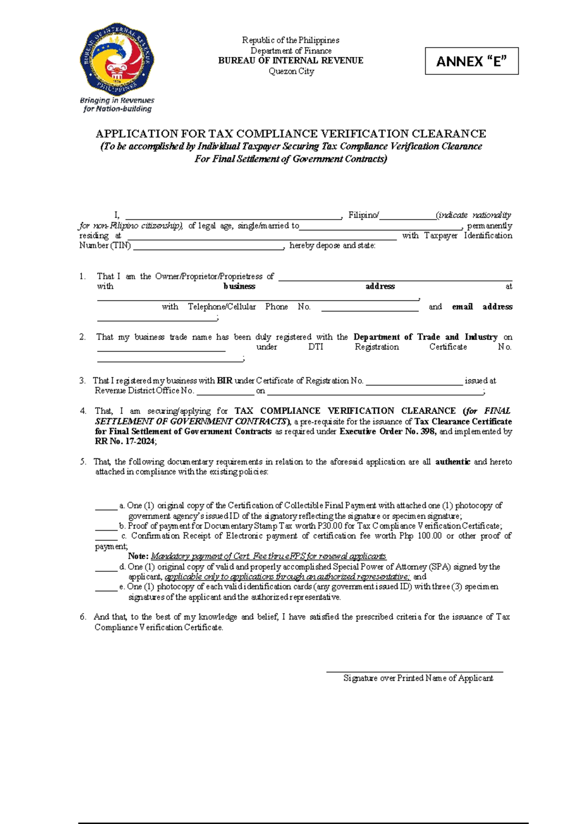 Annex E - Application for Tax Compliance Verification Clearance - Studocu