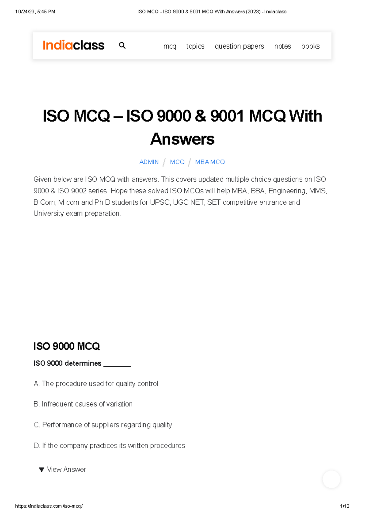ISO 9000 & 9001 MCQs with Answers for MBA & Competitive Exams (2023 ...
