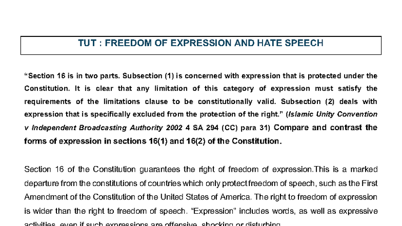 TUT: Freedom of Expression & Hate Speech Analysis in South Africa - Studocu