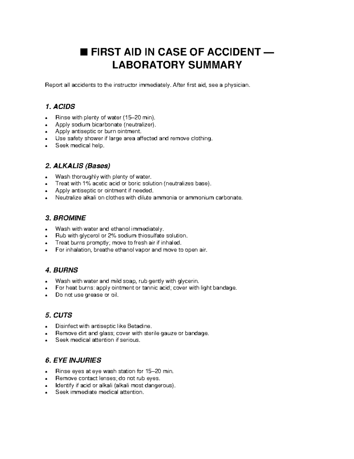 First Aid in Lab: Accident Response Summary Report - Studocu