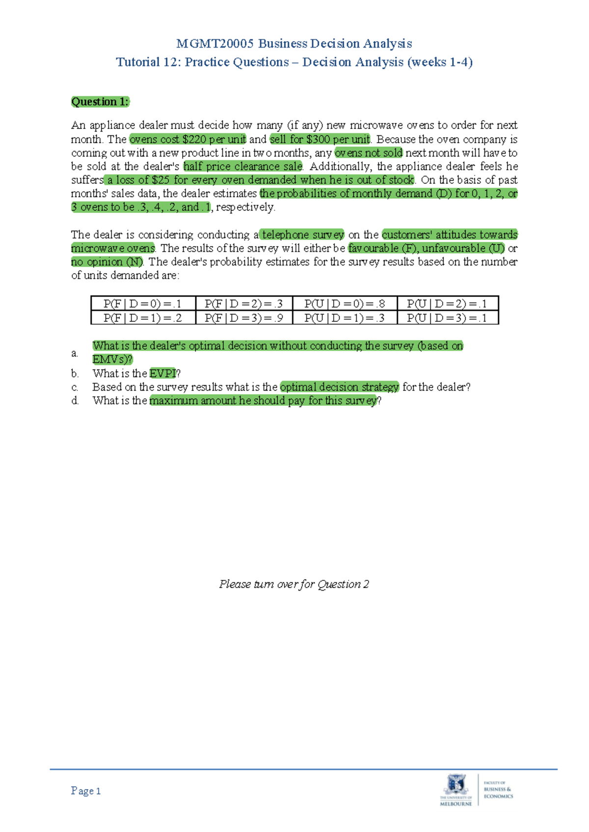 Tutorial 12: Practice Questions in Decision Analysis (BDA 101) - Studocu