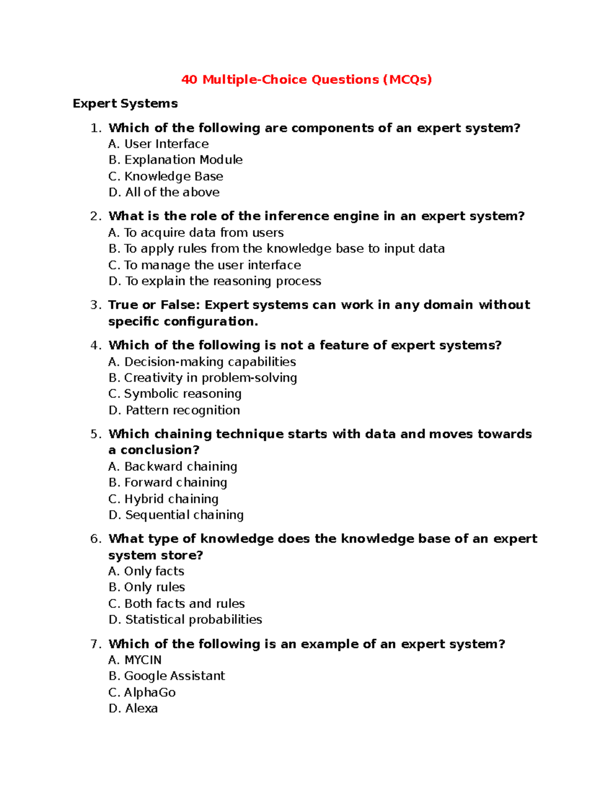 AI Chapter 2: MCQs & Structural Questions on Expert Systems - Studocu