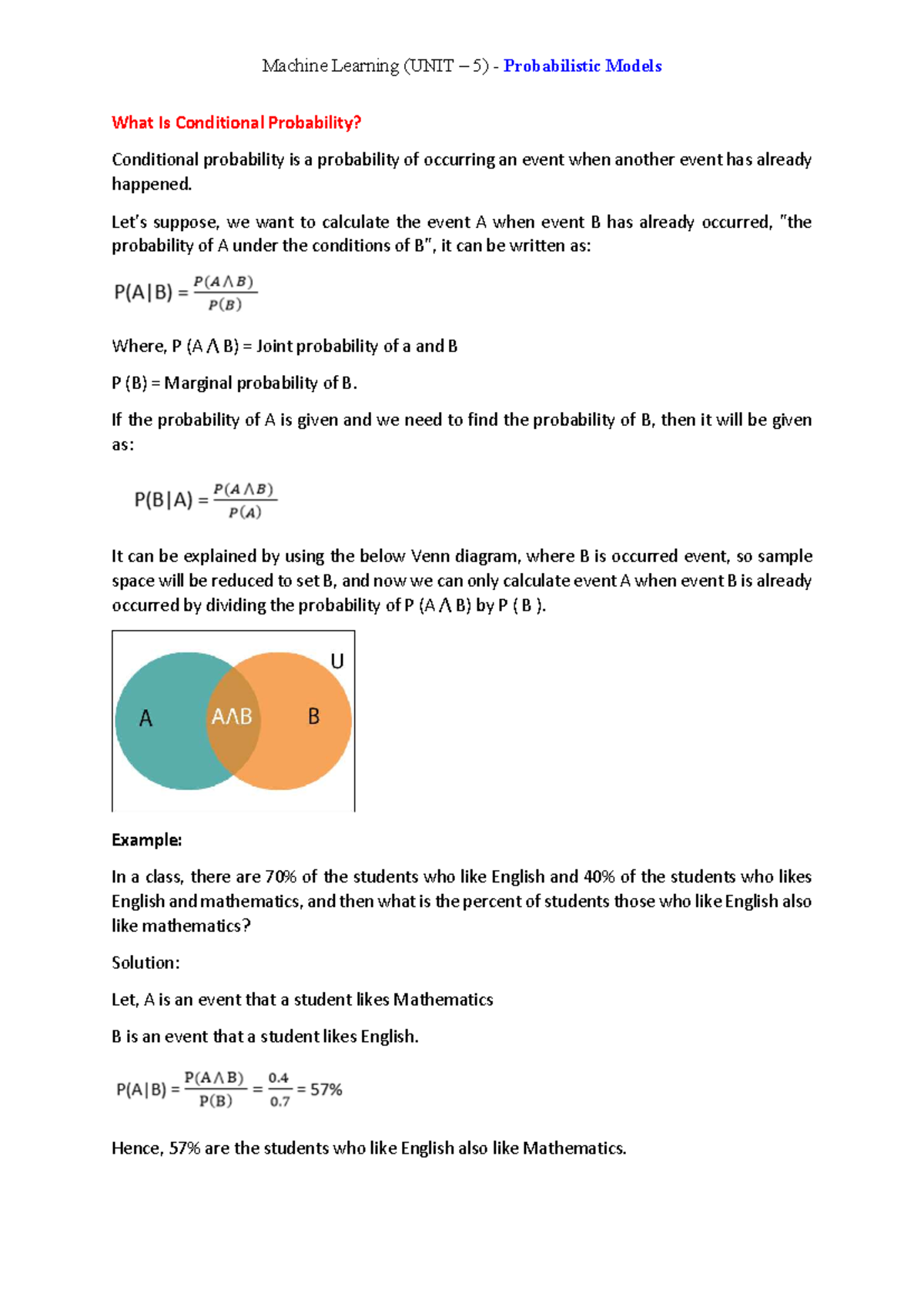 ML Unit-5 Probability Concepts: Conditional, Joint, and Distributions ...