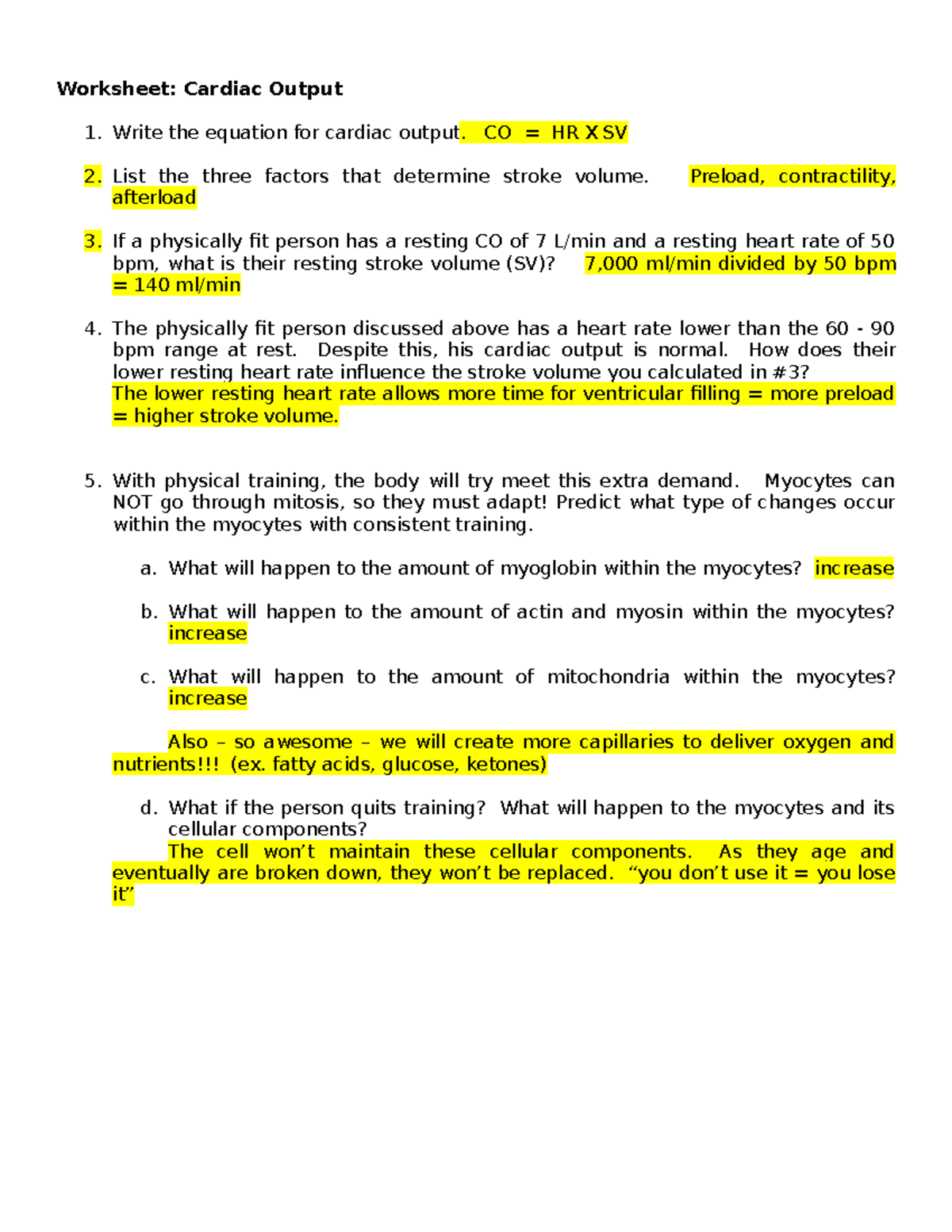 Cardiac Output Worksheet: Key Concepts & Factors Affecting SV - Studocu