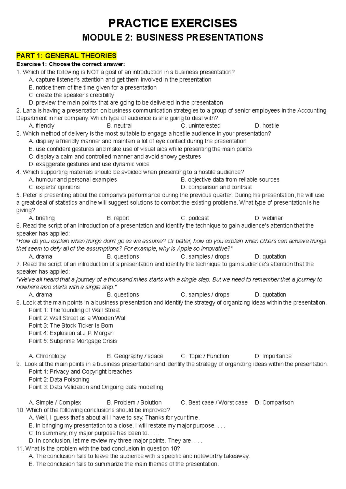 BE322 W3 Business Presentations 2 Practice Exercises and Review - Studocu