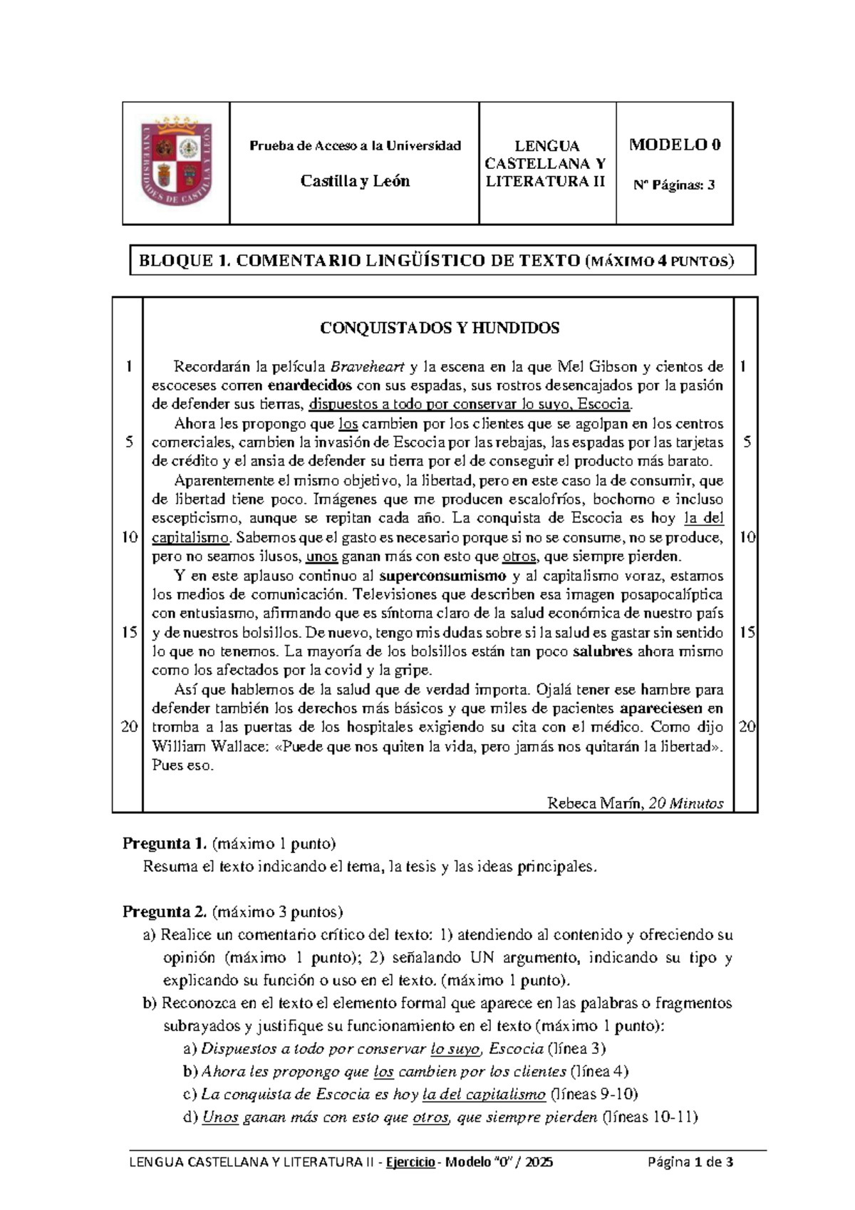 Modelo 0 para Prueba de Acceso en Lengua Castellana y Literatura II ...