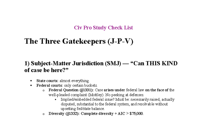 Civ Pro Study Checklist: The Three Gatekeepers of Jurisdiction - Studocu