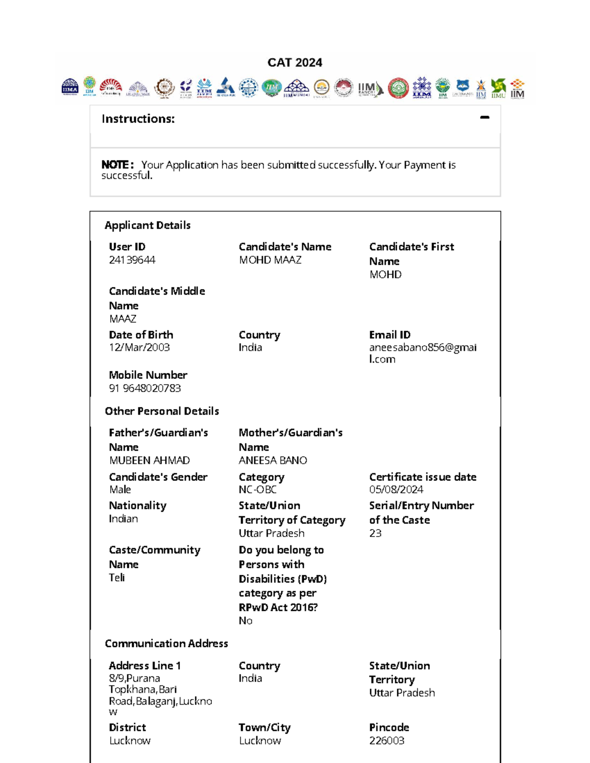 CAT 2024 - good pyq - NOTE : Your Application has been submitted ...