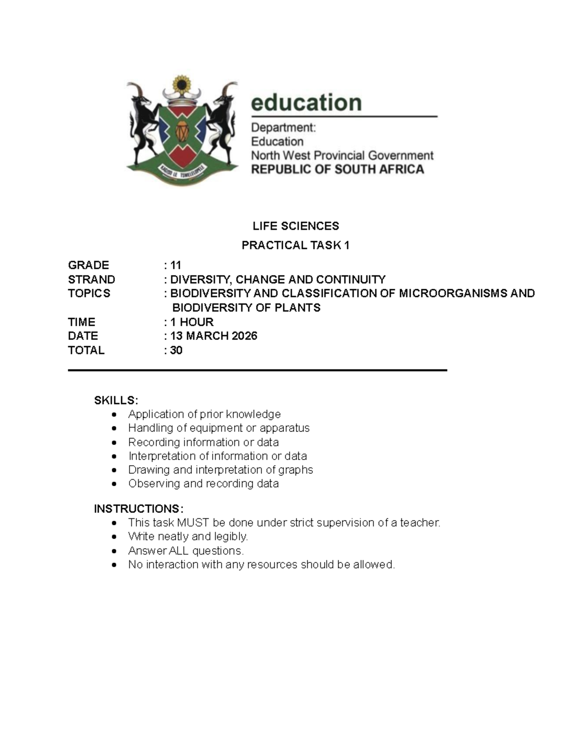 NW 11 Life Sciences Practical Task 1: Biodiversity & Microorganisms ...