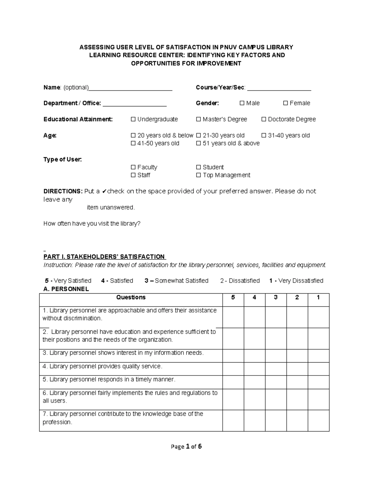 PNUV Campus Library User Satisfaction Assessment Questionnaire - Studocu