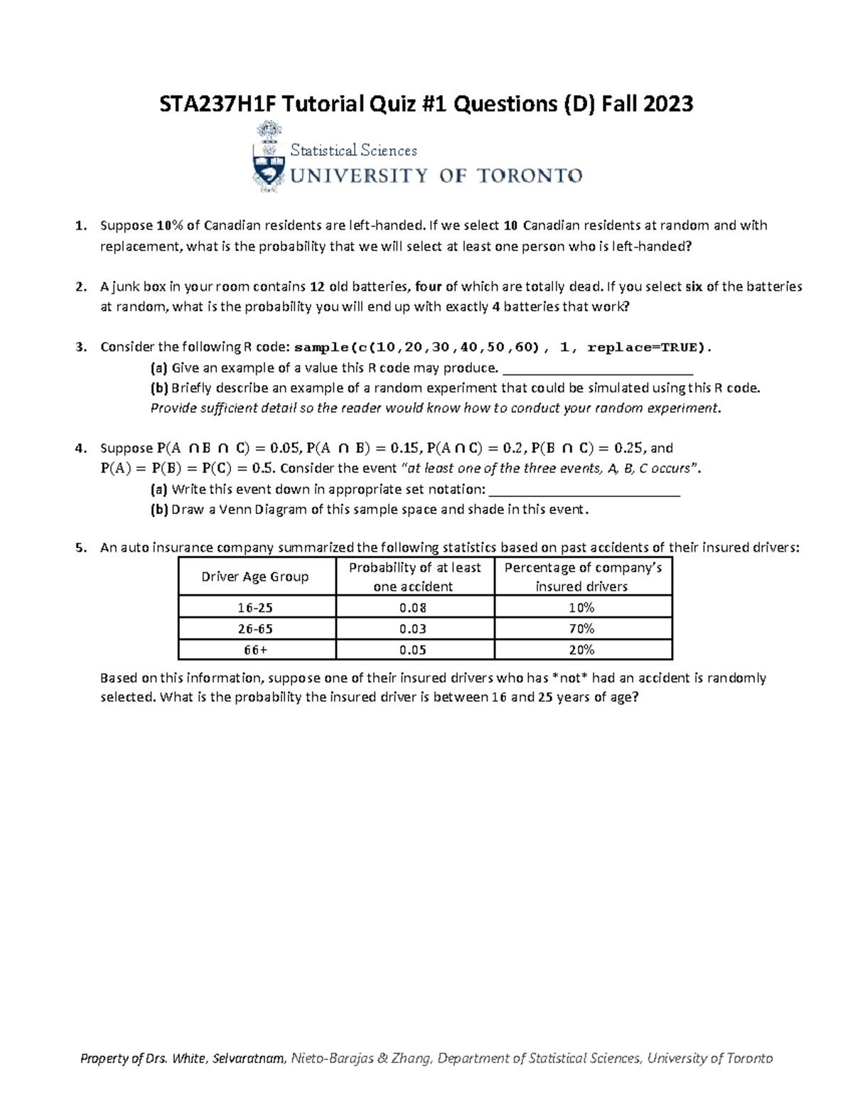 STA237 TUT Quiz 1D: Probability & R Code Questions (Fall 2023) - Studocu