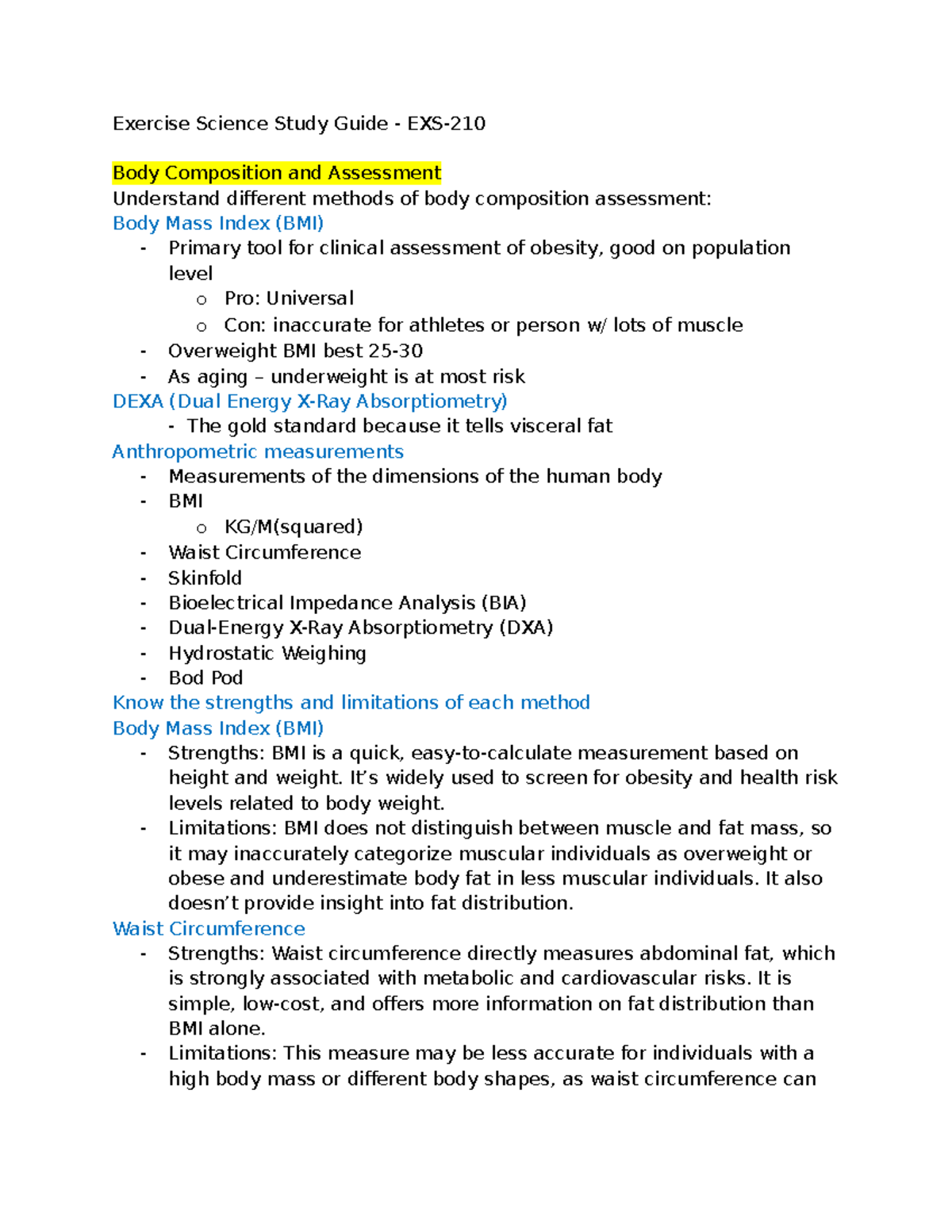 Exercise Science Study Guide Overview - EXS-210 - Studocu