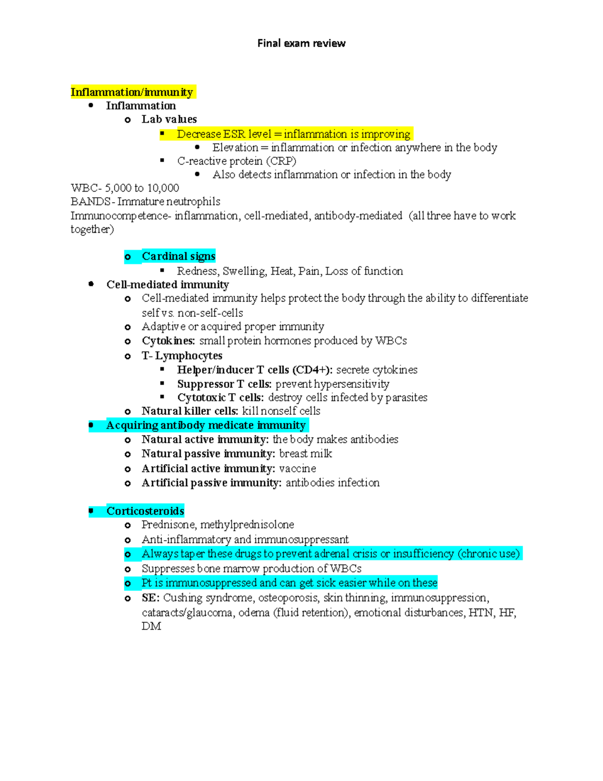 Nursing 101: Comprehensive Final Exam Review Notes on Inflammation ...