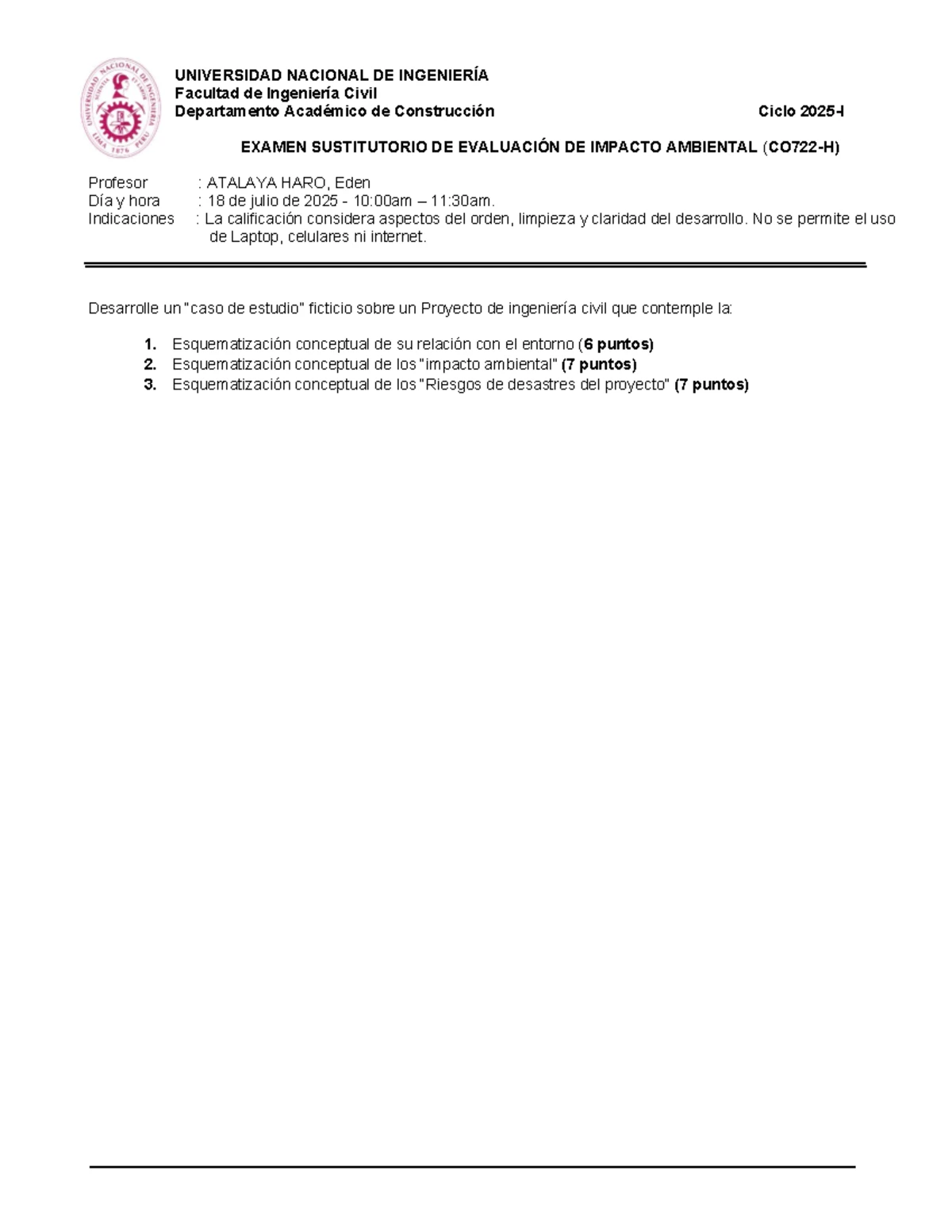 Examen Final CO722H: Evaluación de Impacto Ambiental 2025-1 - Studocu