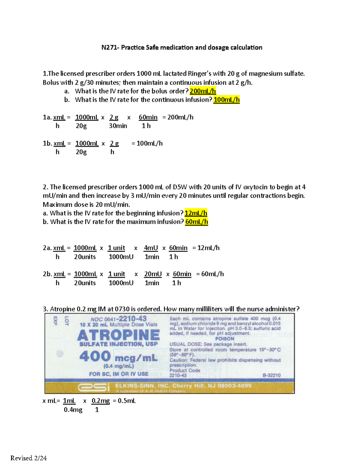 N271 Practice Dosage Calculation - Safe Dosage and IV Rates - Studocu
