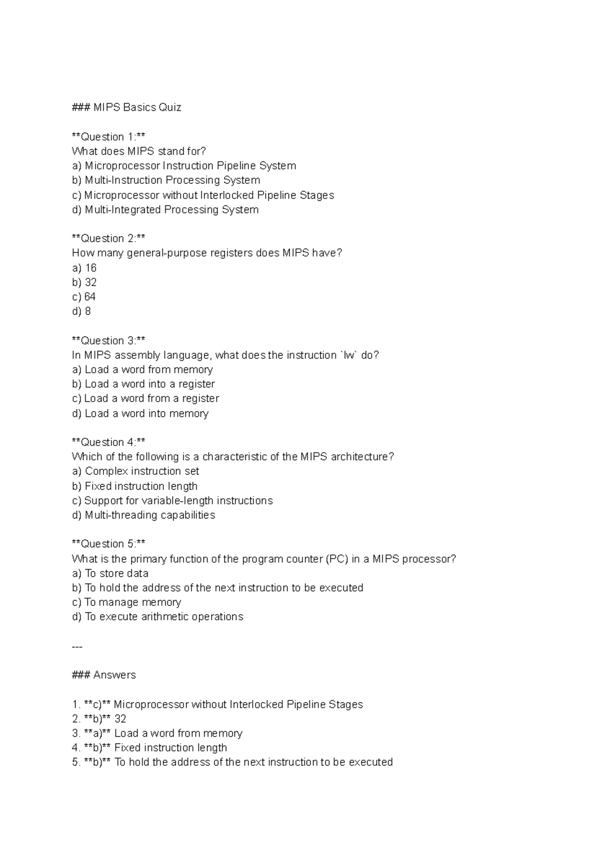 MIPS Basics Quiz - helpful for prereding - MIPS Basics Quiz Question 1 ...