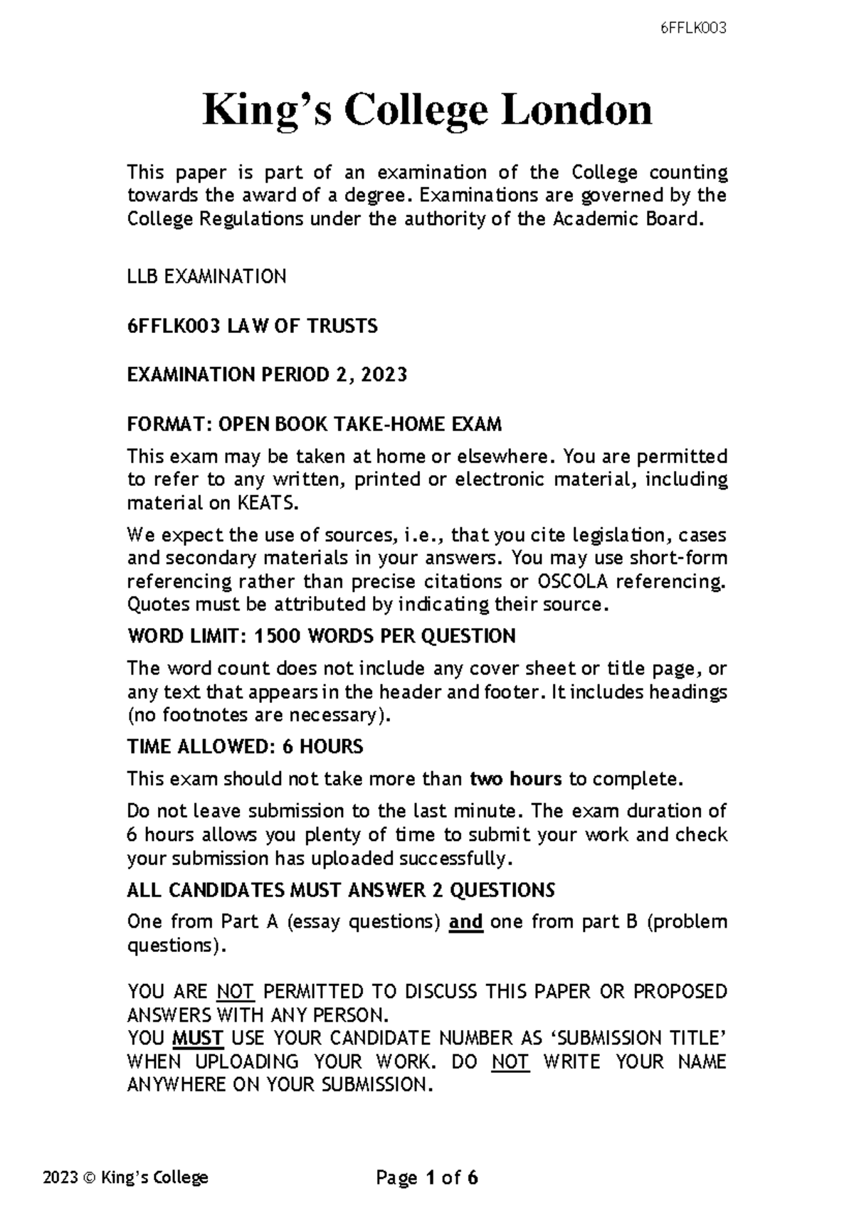 LLB 6FFLK003 Law of Trusts Exam Qs & Guidance, 2022-2023 - Studocu