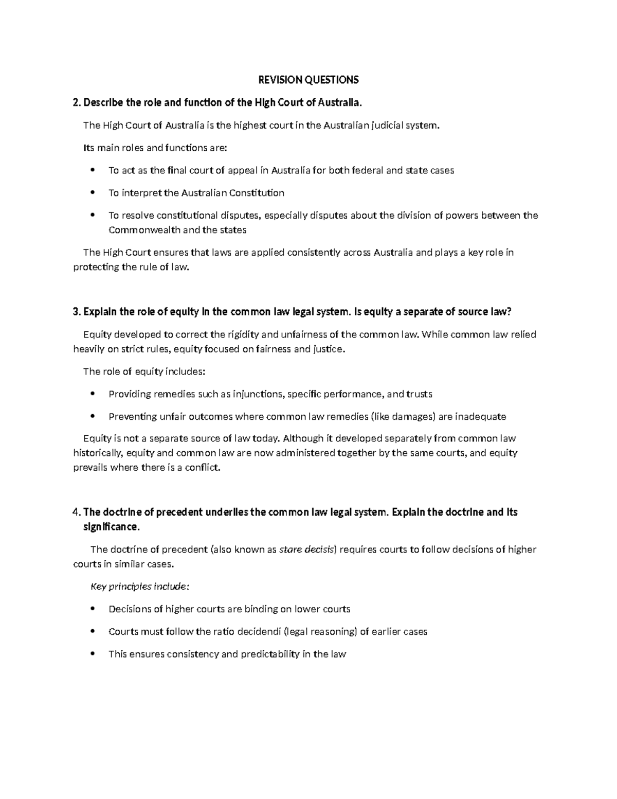 Revision Questions - LAW 101: High Court, Equity, and Precedent ...