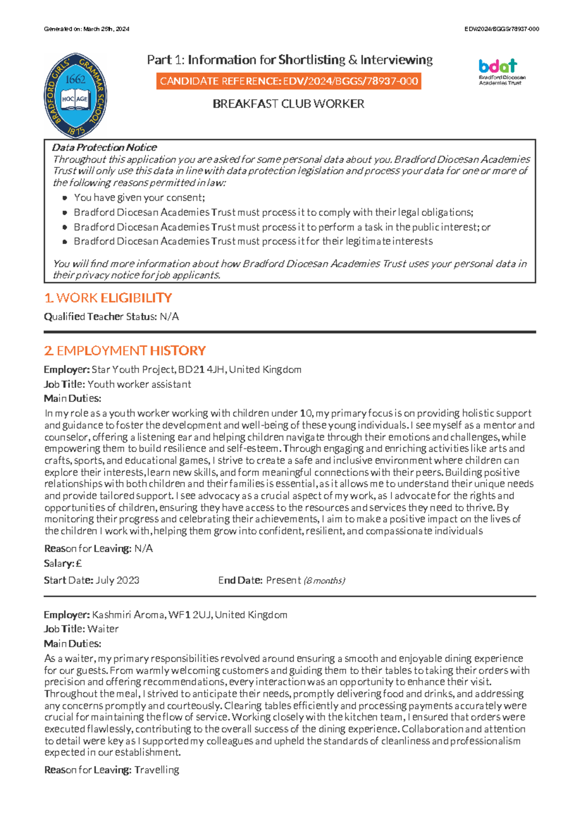 Application for Breakfast Club Worker Position at BDGGS - Studocu