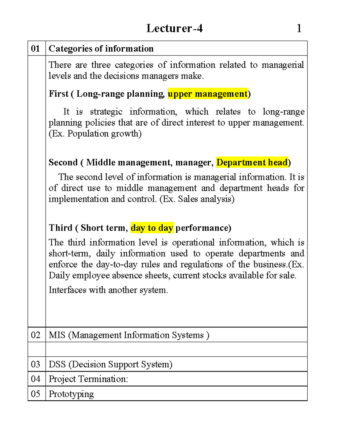IS 101 Categories of Information in Management: Class Lecture Notes ...