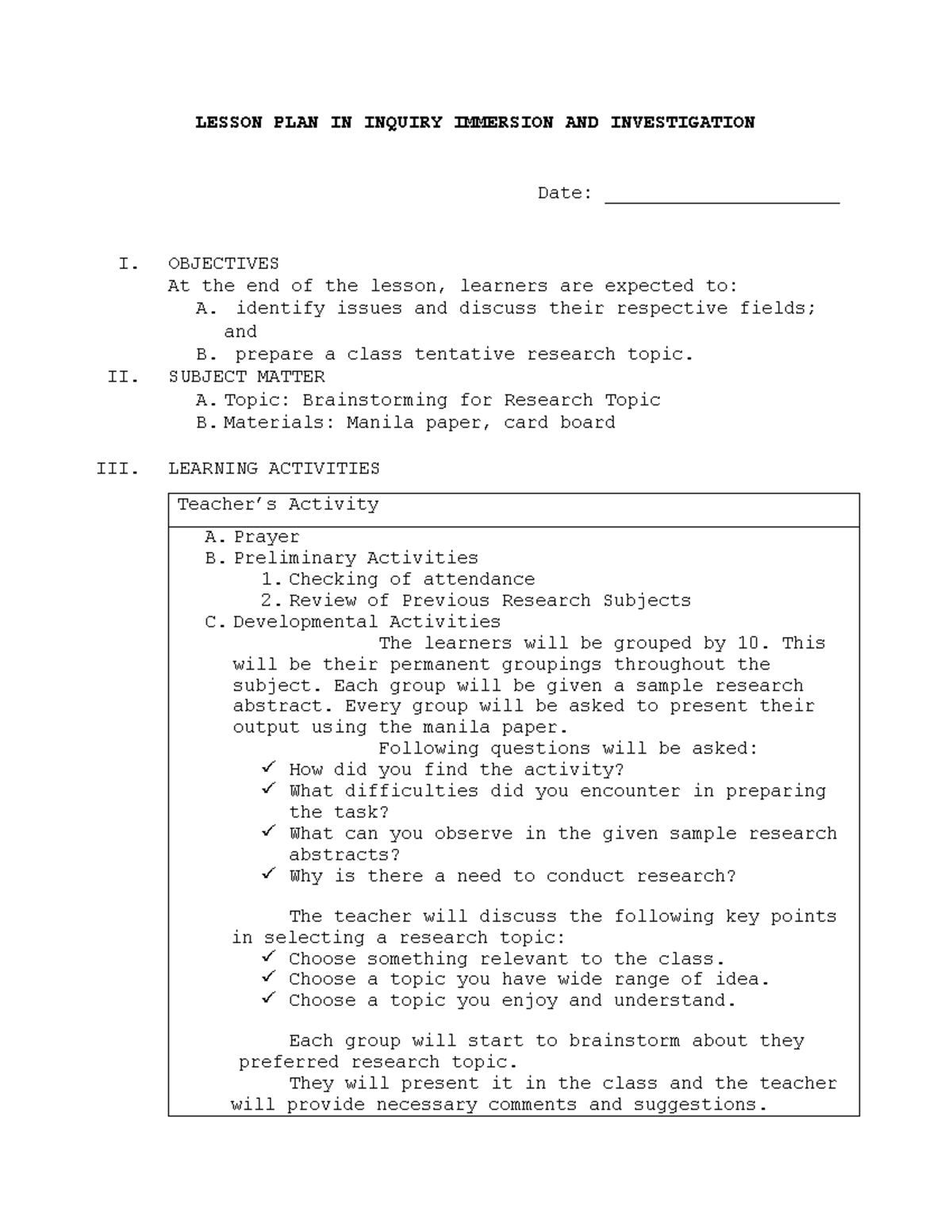 Inquiry Immersion & Investigation Lesson Plan: Research Topics ...