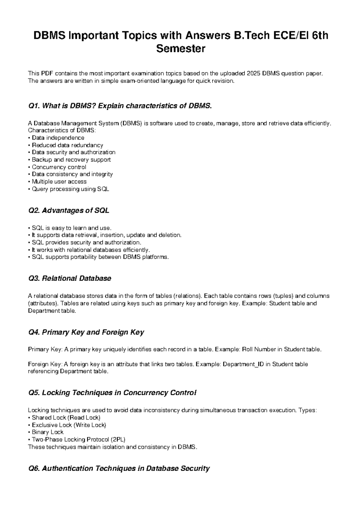 DBMS Key Topics & Answers for B.Tech ECE 6th Sem Exam Prep - Studocu