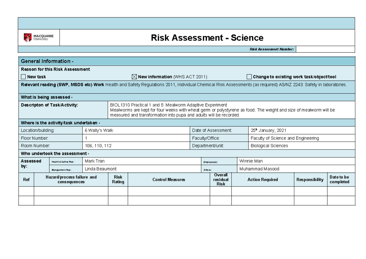 Risk Assessment BIOL1310 Practical 1 & 5: Mealworm Adaptive Experiment ...