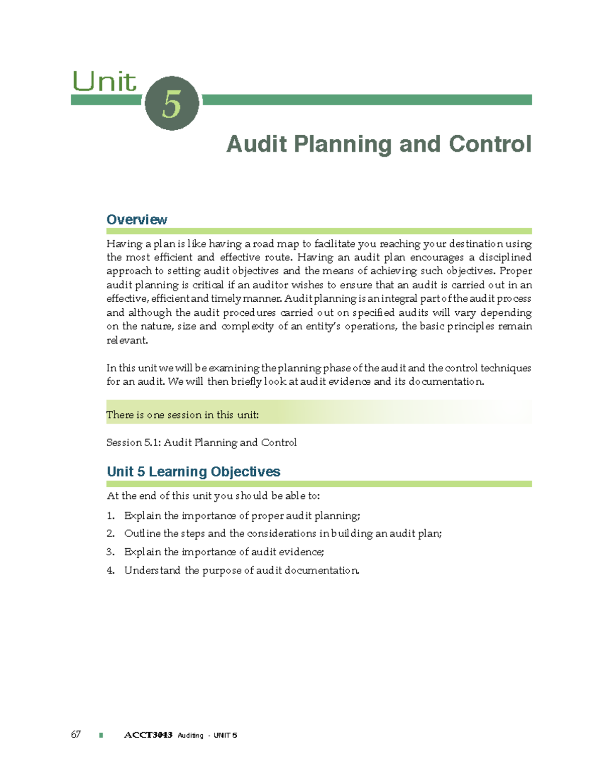 ACCT3043 Unit 5 - Audit Planning and Control Lecture Notes - Studocu
