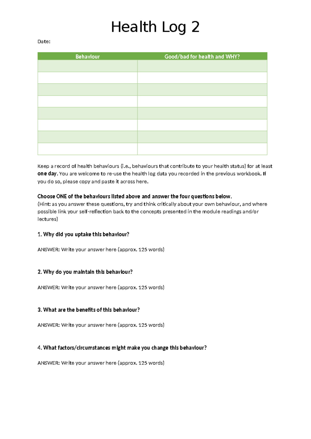 Module 3 Workbook Activity - Health Log 2 - Health Log 2 Date ...