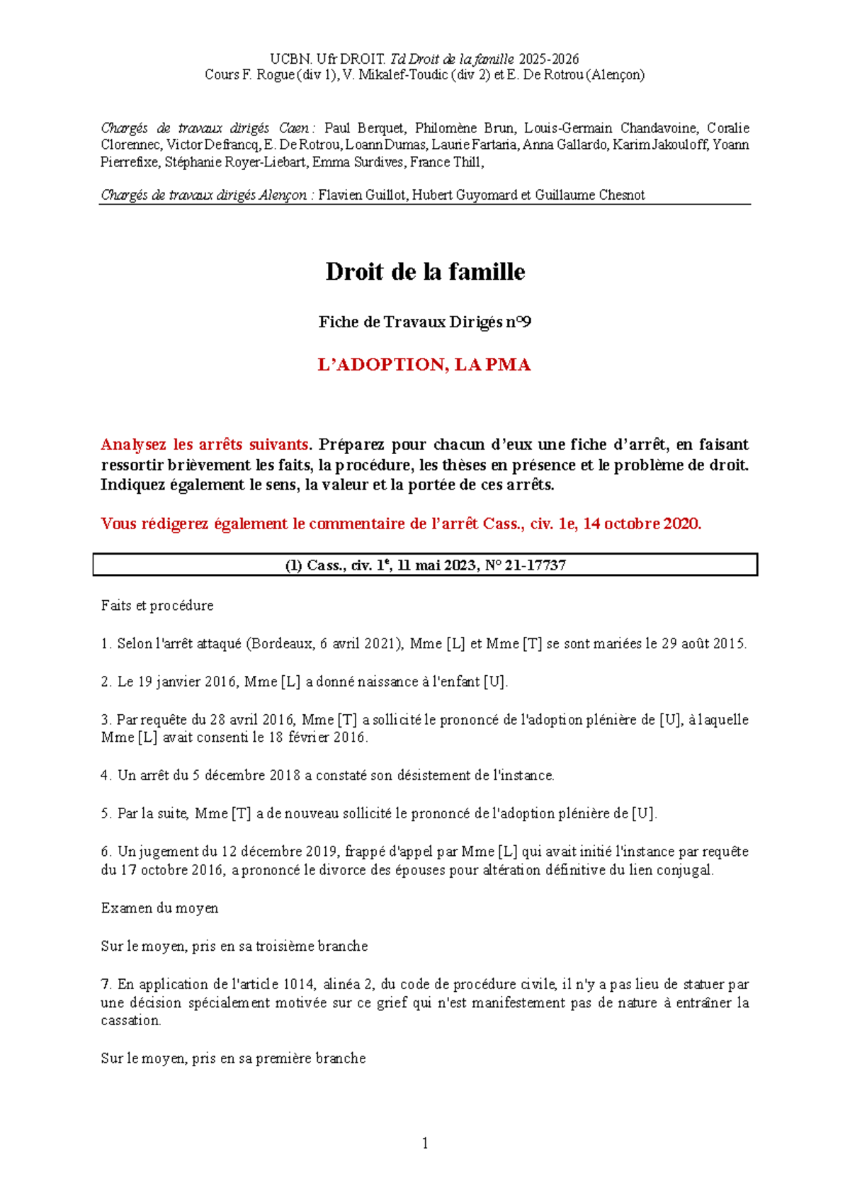 UCBN. Ufr DROIT. TD Droit de la Famille - Analyse des Arrêts et ...