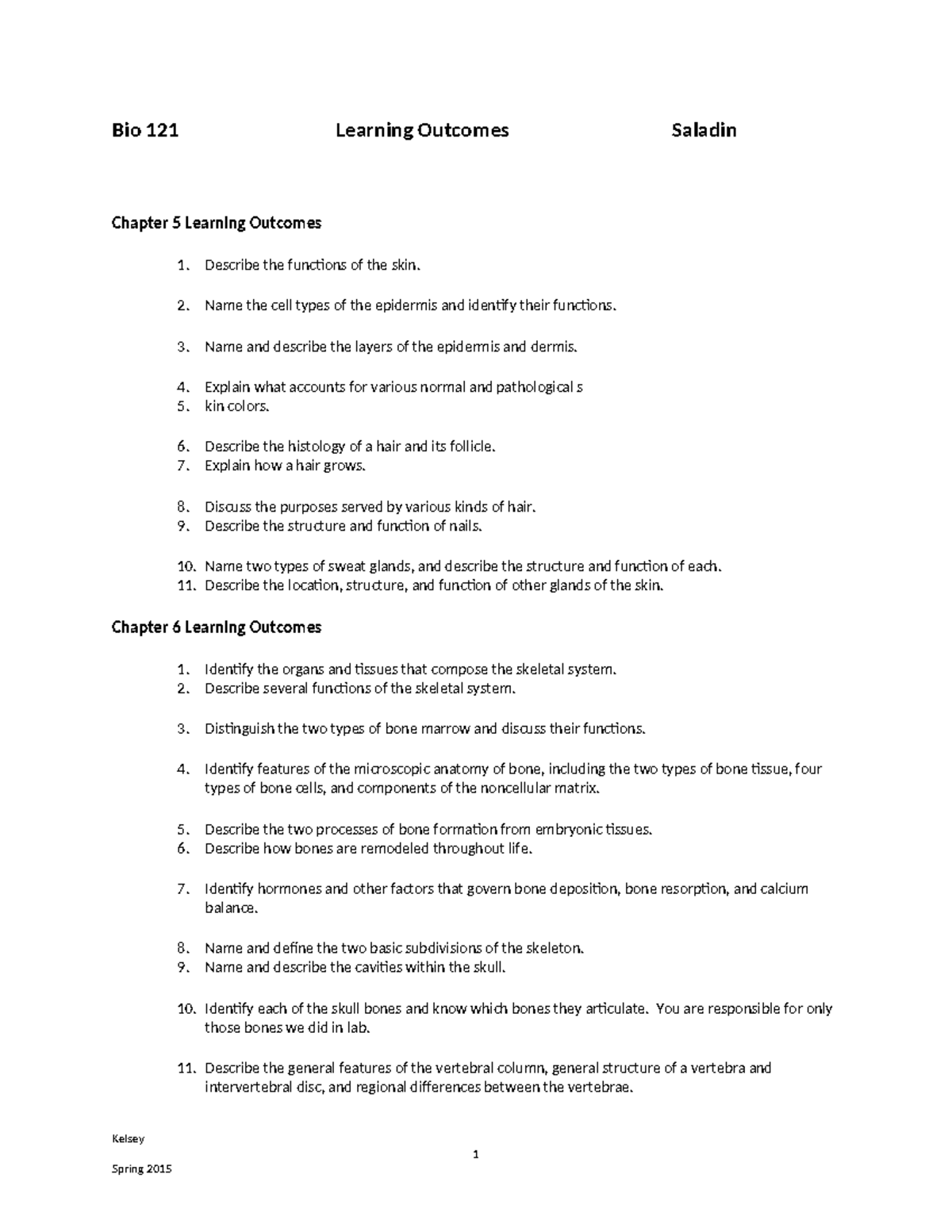 Bio 121 Learning Outcomes: Saladin Chapters 5 to 7 Overview - Studocu