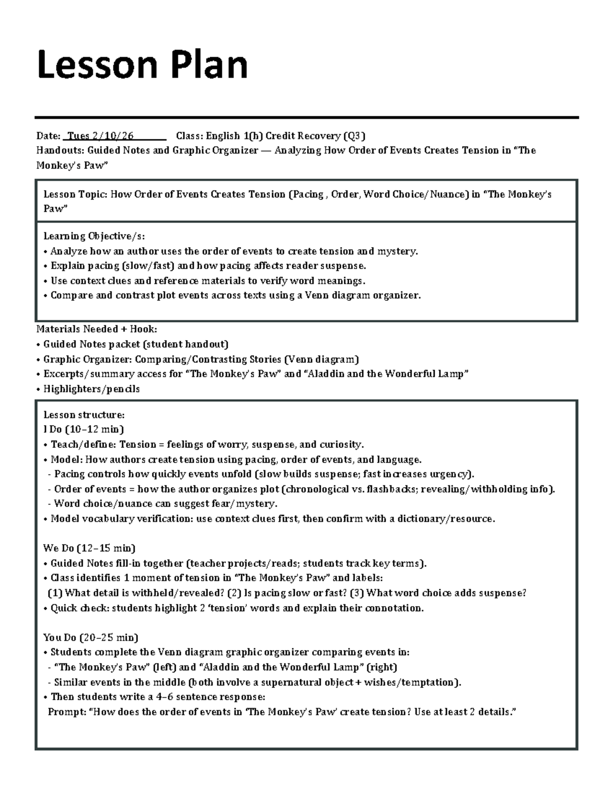 Q3 English 1H Credit Recovery Lesson Plan: Analyzing Tension in 