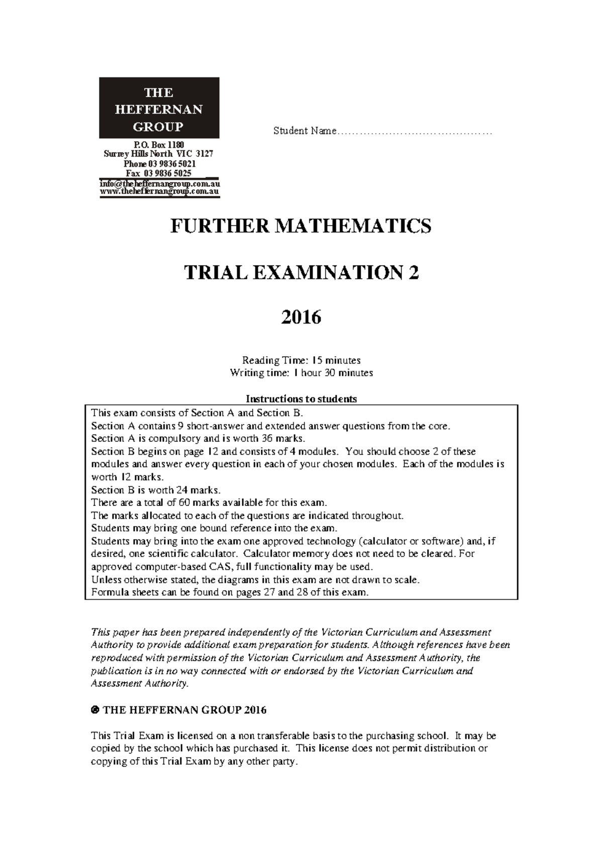 Further Mathematics Trial Exam 2 (2016) - Heffernan Group - Studocu