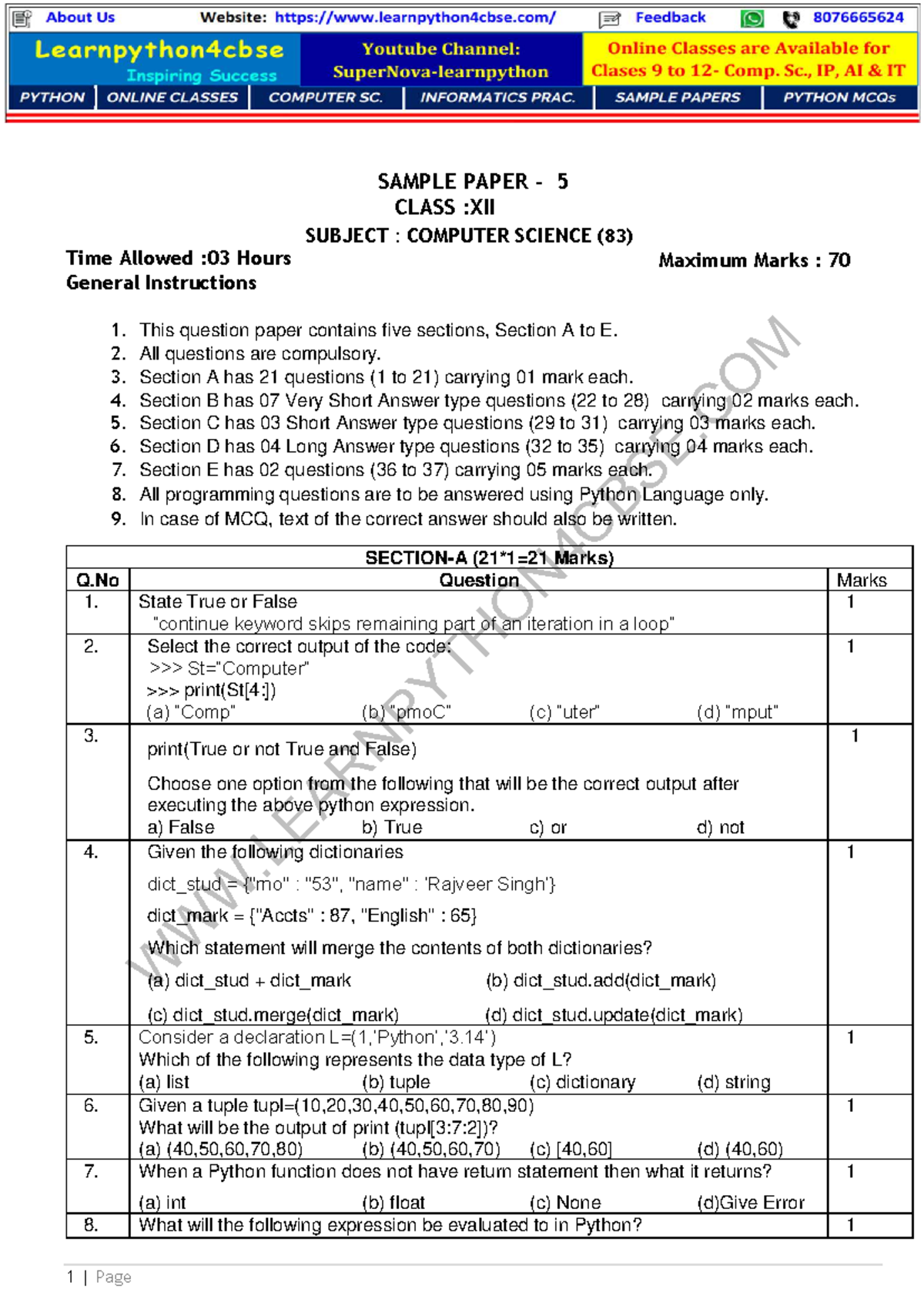 COMP. SC. Sample Paper 5 for Class XII (Subject Code: 83) - Studocu
