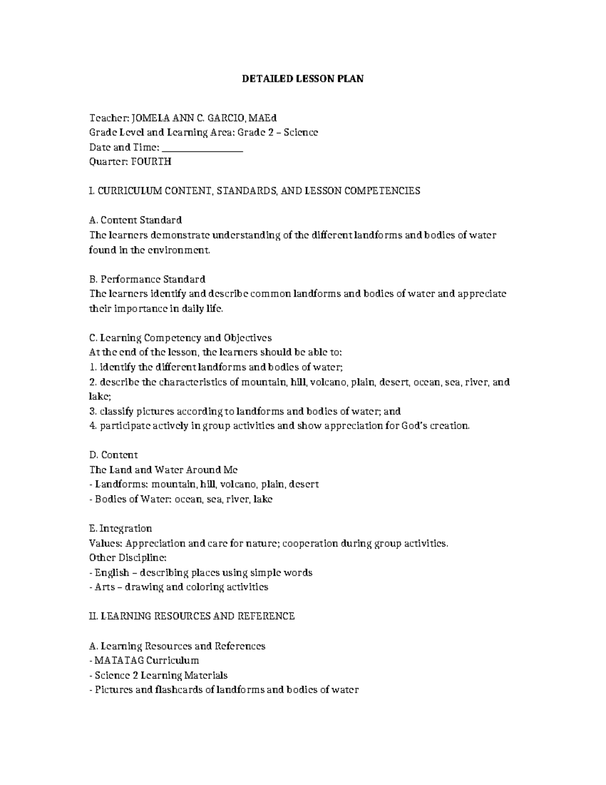Detailed Lesson Plan: Grade 2 Science on Landforms & Water - Studocu