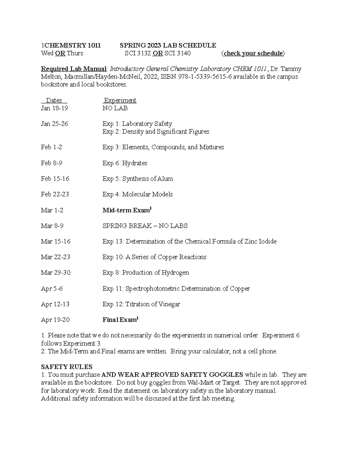 CHEM 1011 S23 Lab Schedule & Safety Guidelines for Spring 2023 - Studocu