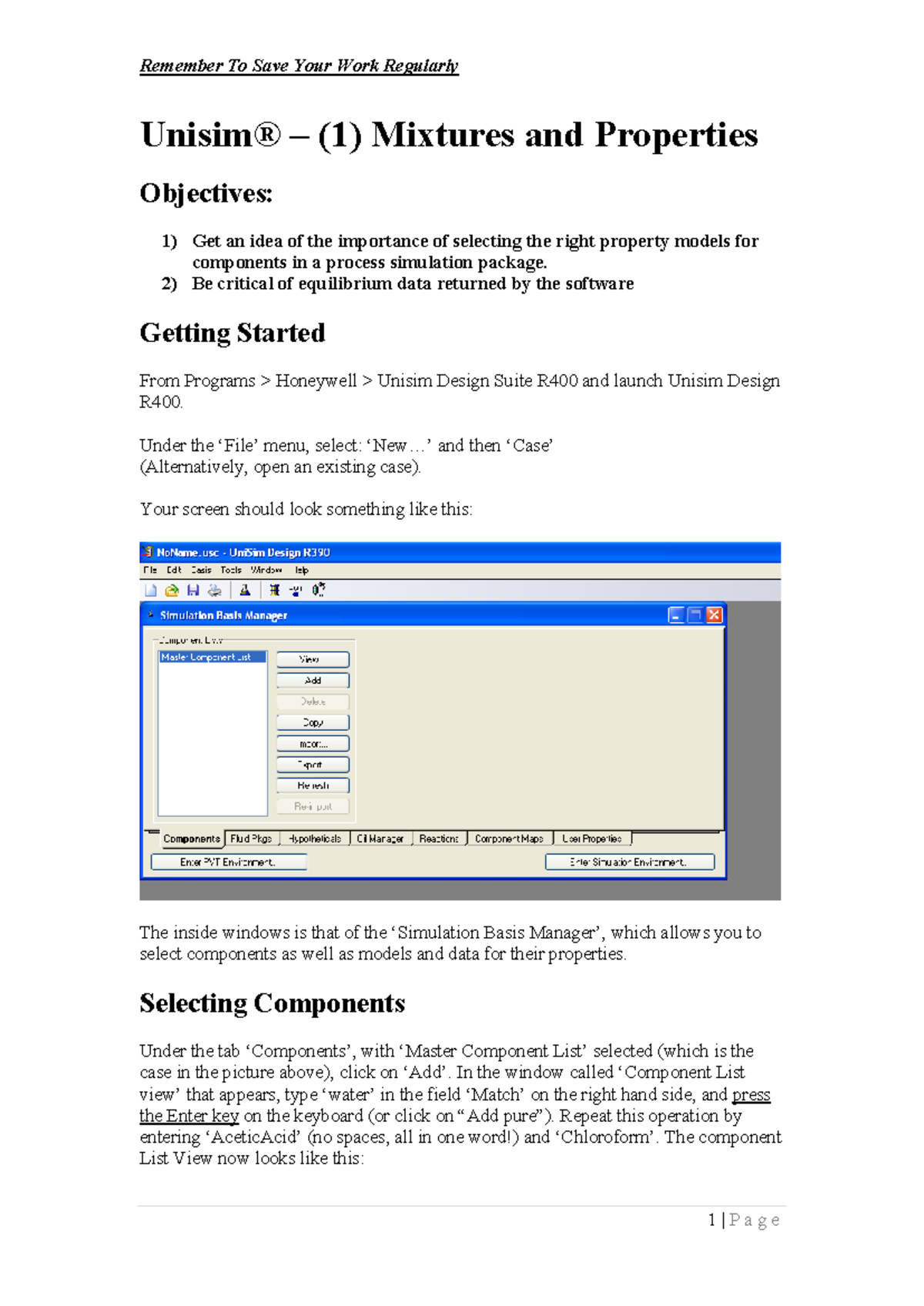 Tutorial 9 - UniSim® 1: Mixtures, Properties & Building Flowsheets ...