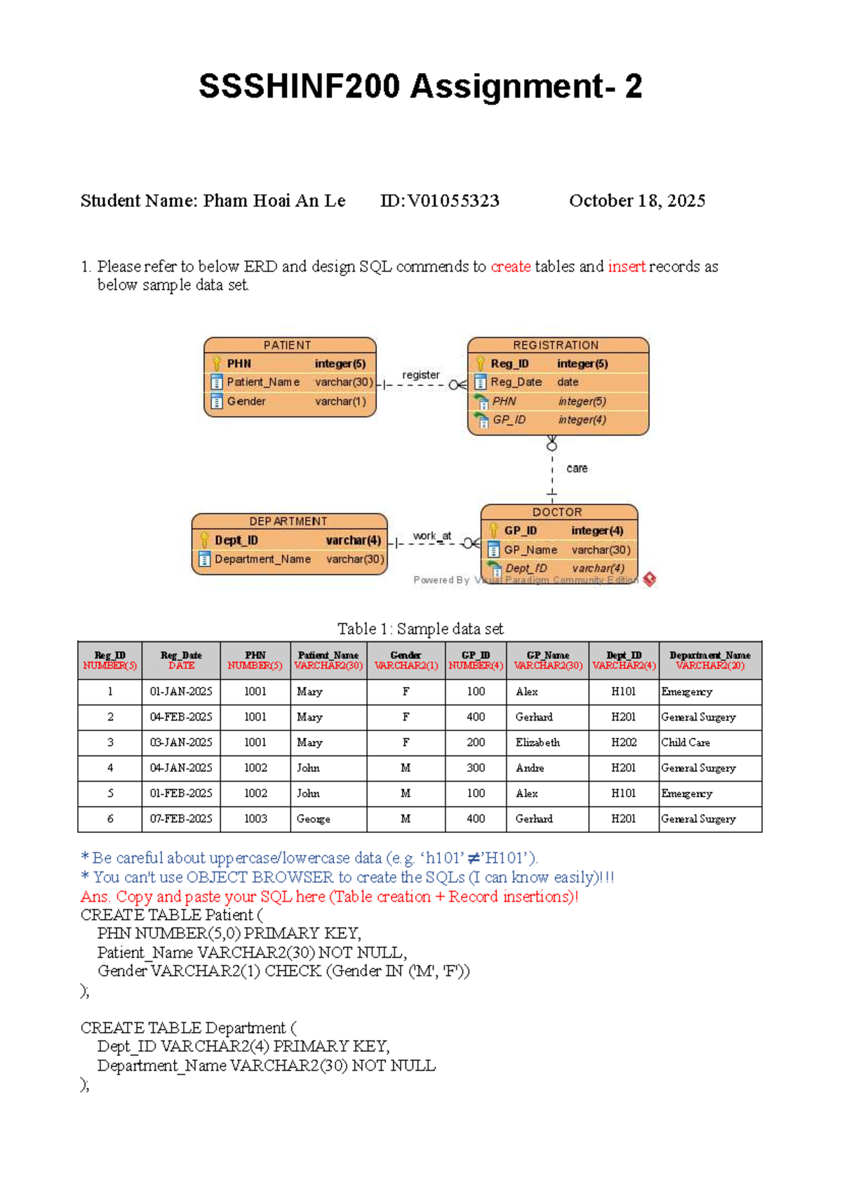 SQL Table Creation and Insertion for ERD - V01055323 - Studocu