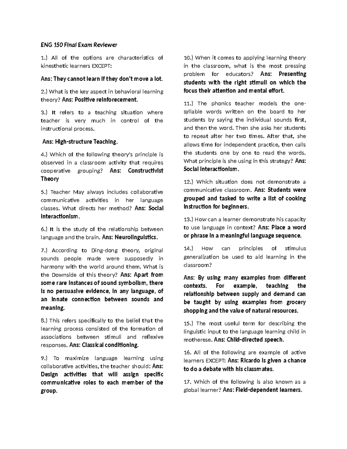 ENG 150 Final Exam Study Guide: Key Concepts in Language Learning - Studocu