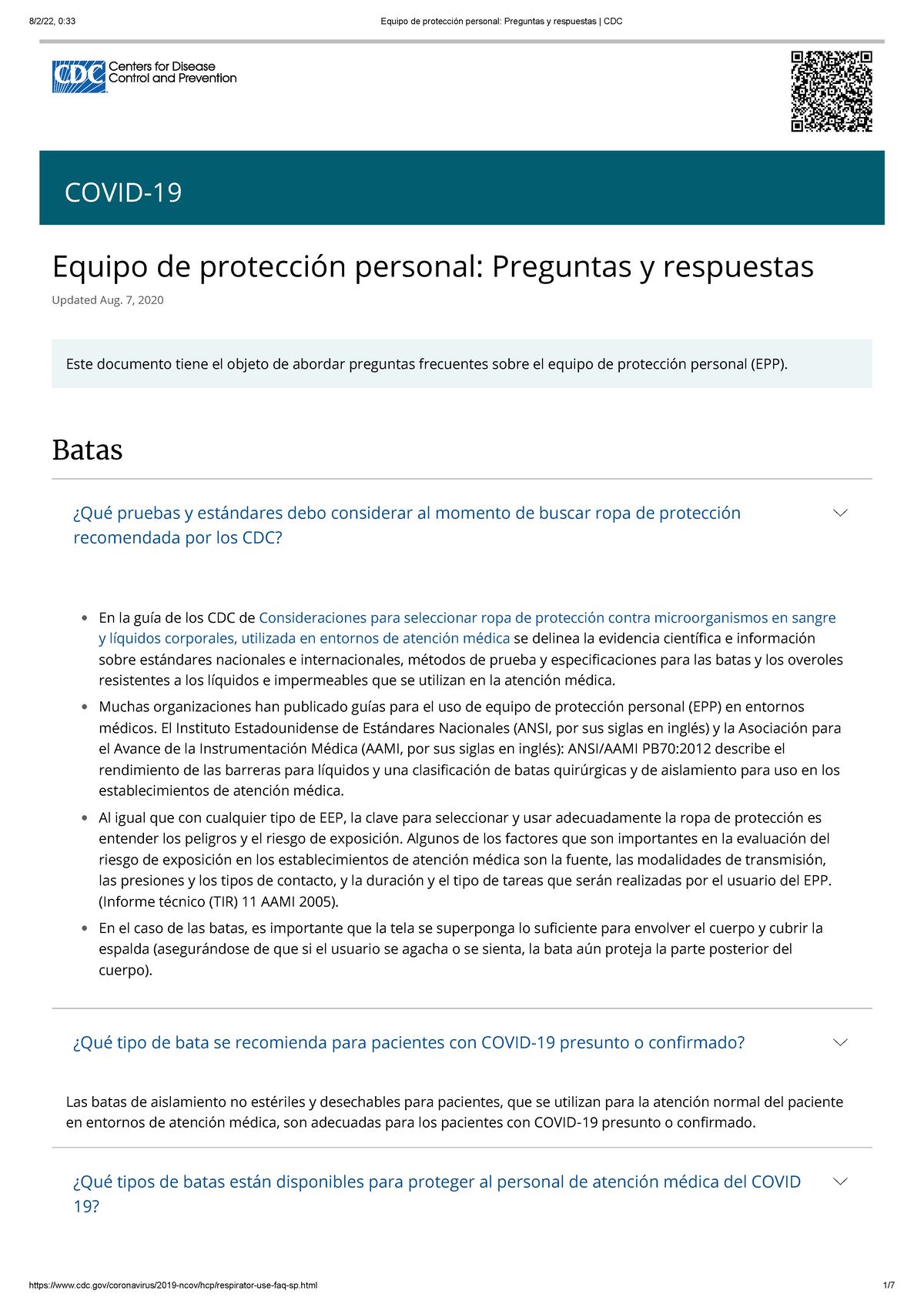 EPP: Preguntas y Respuestas de los CDC sobre Protección Personal - Studocu