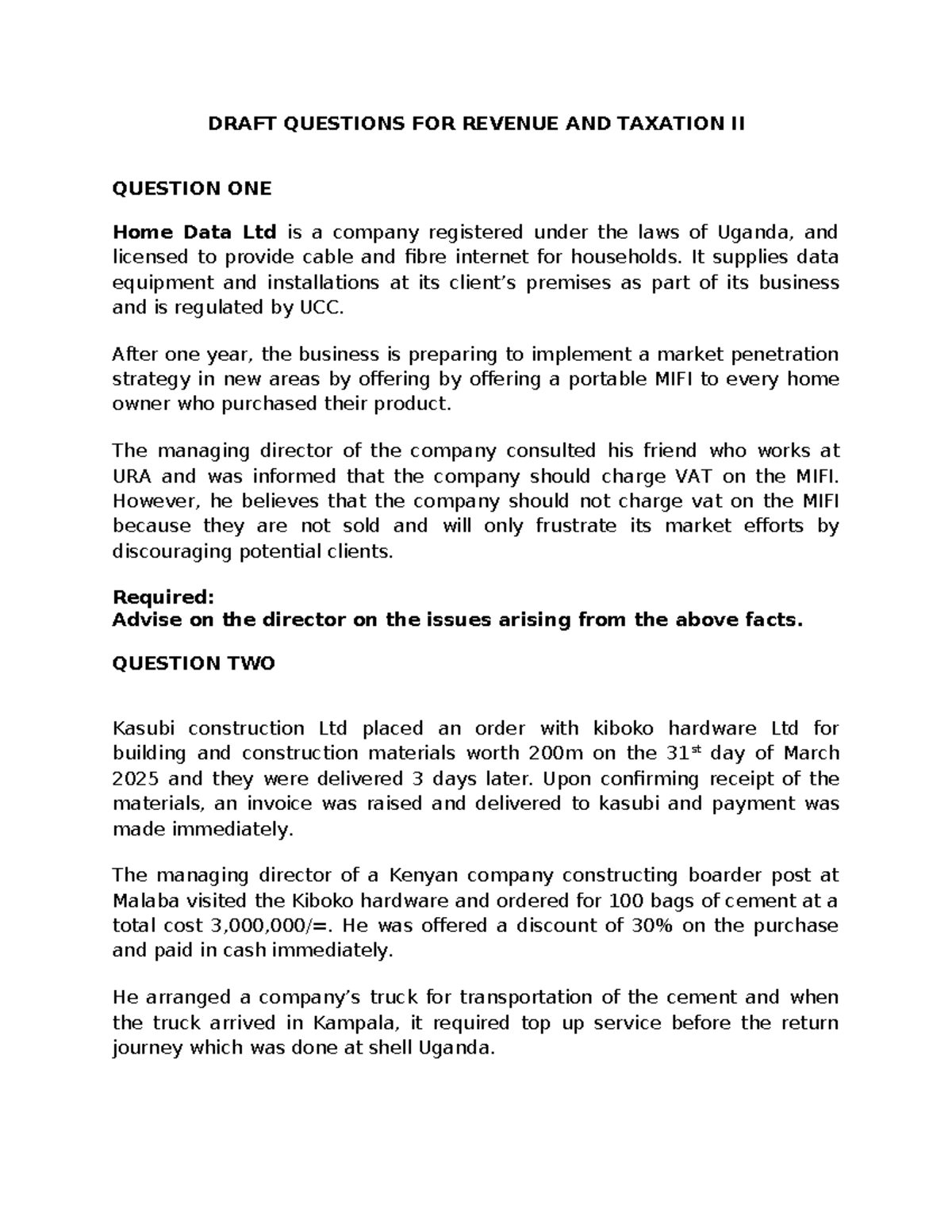 Draft Questions for Revenue Law & Taxation II: Key Issues & Advice ...