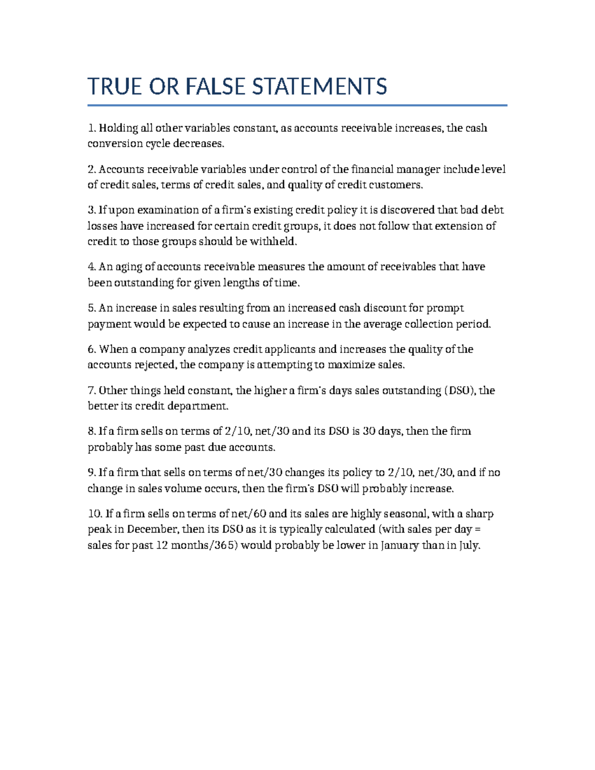 FIN 301: True or False Statements on Accounts Receivable Analysis - Studocu
