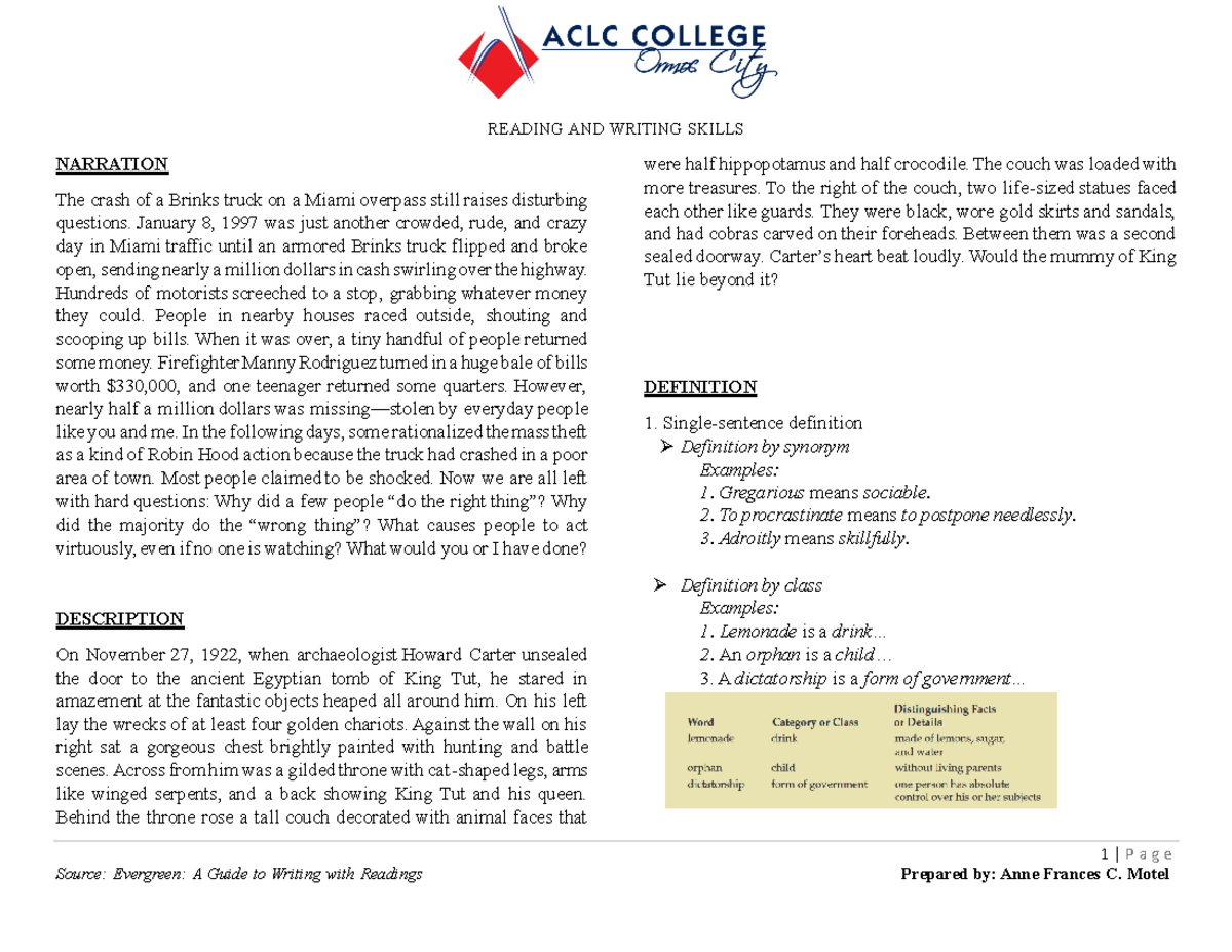 Patterns for PE Education - READING AND WRITING SKILLS 1 | P a g e ...