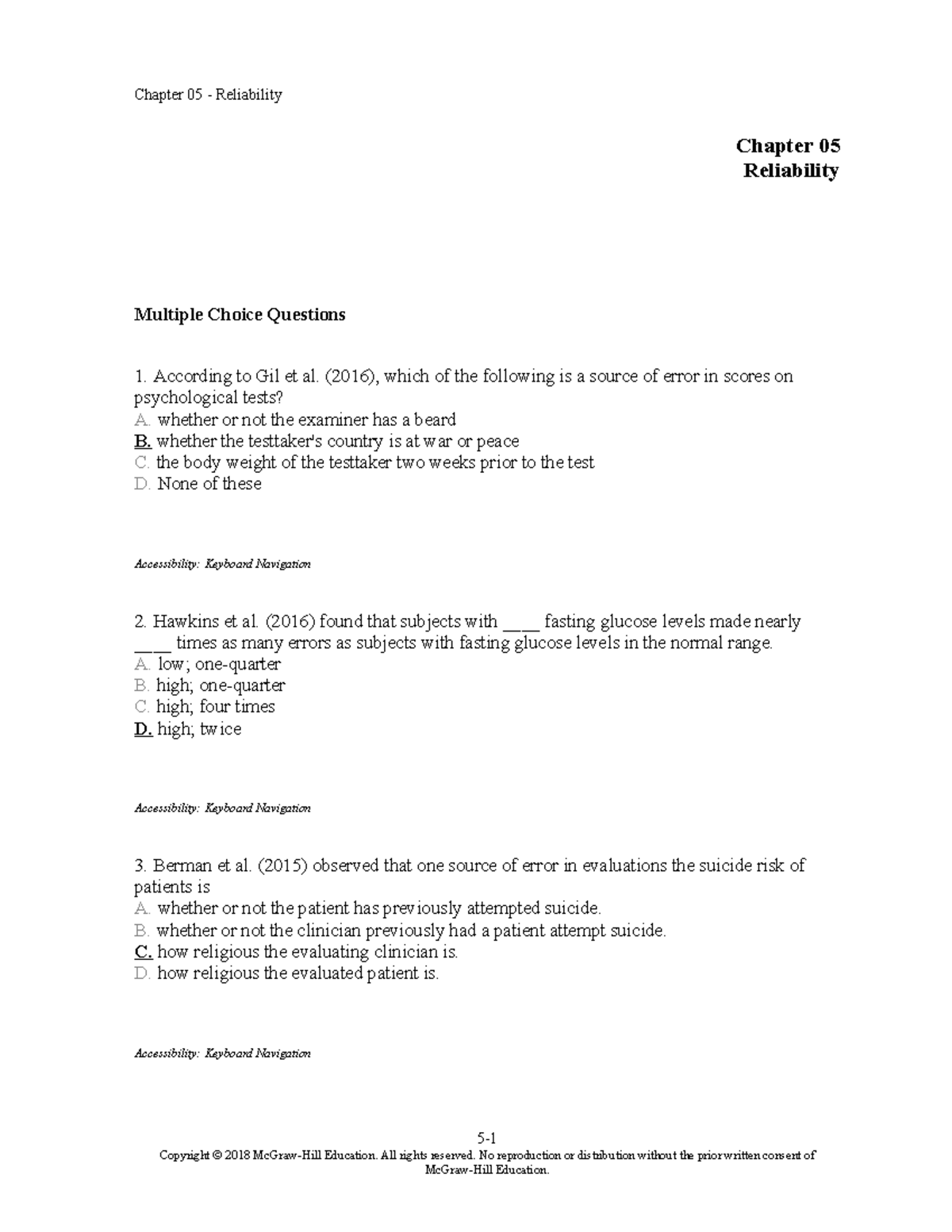 Chapter 05 Reliability: Multiple Choice Questions and Notes for Exam ...